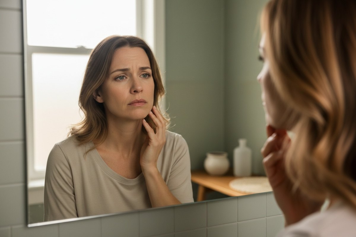 Femme examinant sa mâchoire devant un miroir
