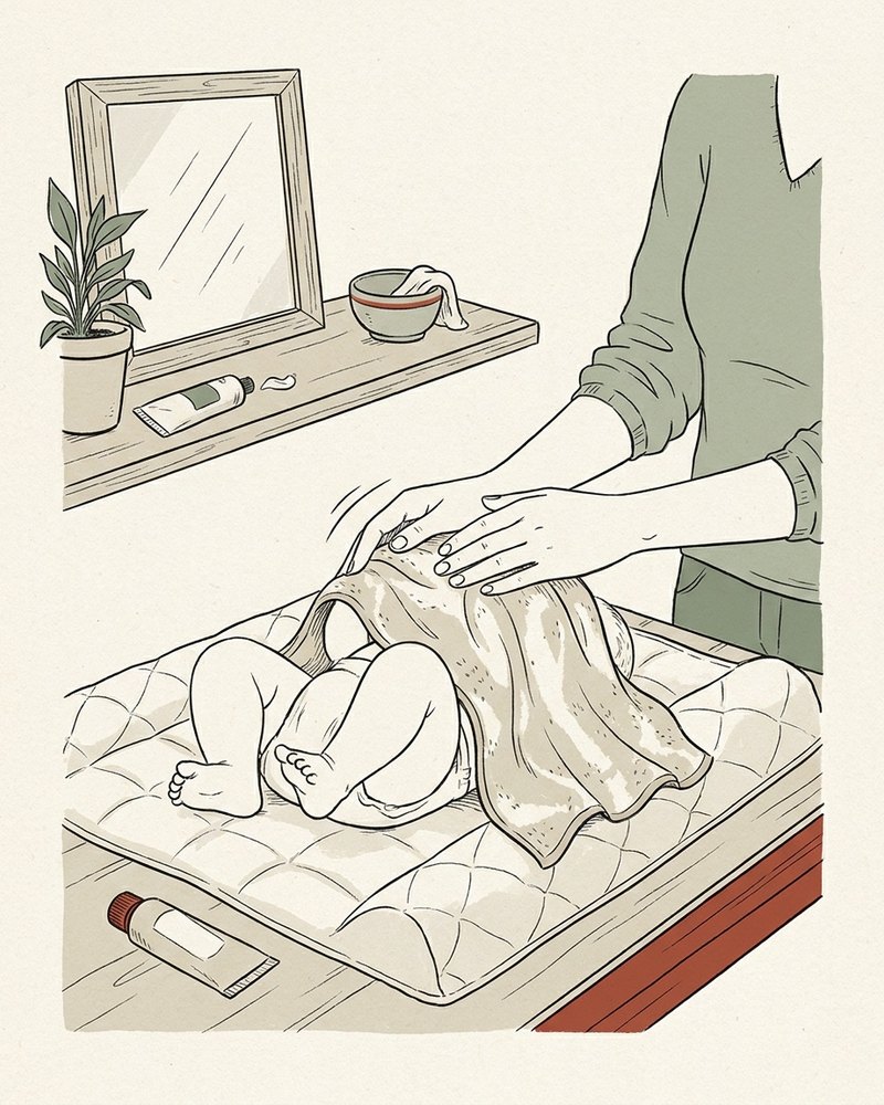 Mains d'un parent tamponnant délicatement la peau d'un bébé lors du change