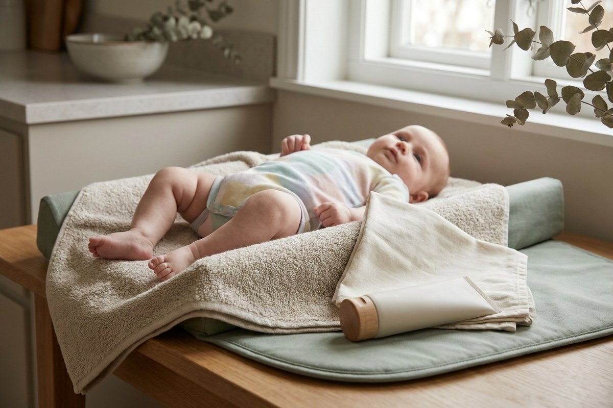 Bébé allongé sur une serviette propre, les fesses à l'air sur le tapis à langer