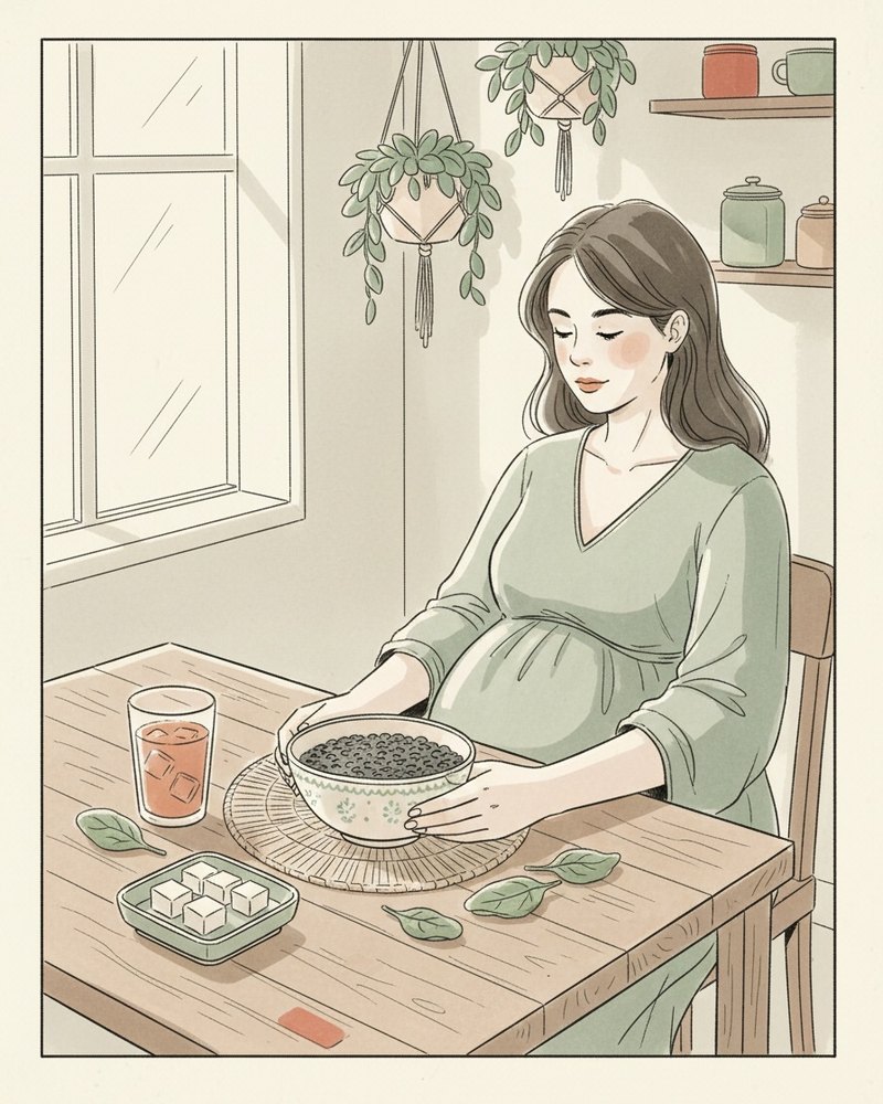 Femme enceinte devant des aliments riches en fer et en vitamine B9