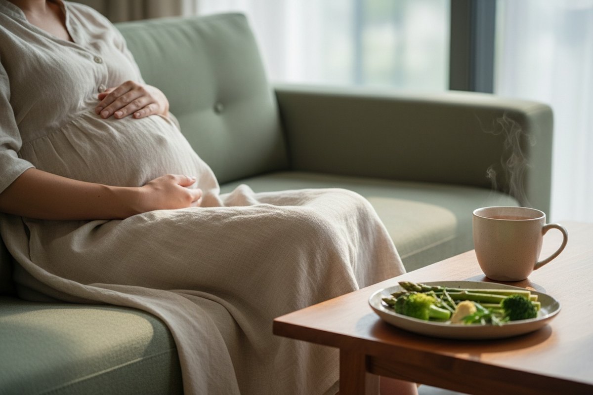 Femme enceinte au repos avec une boisson et des légumes verts