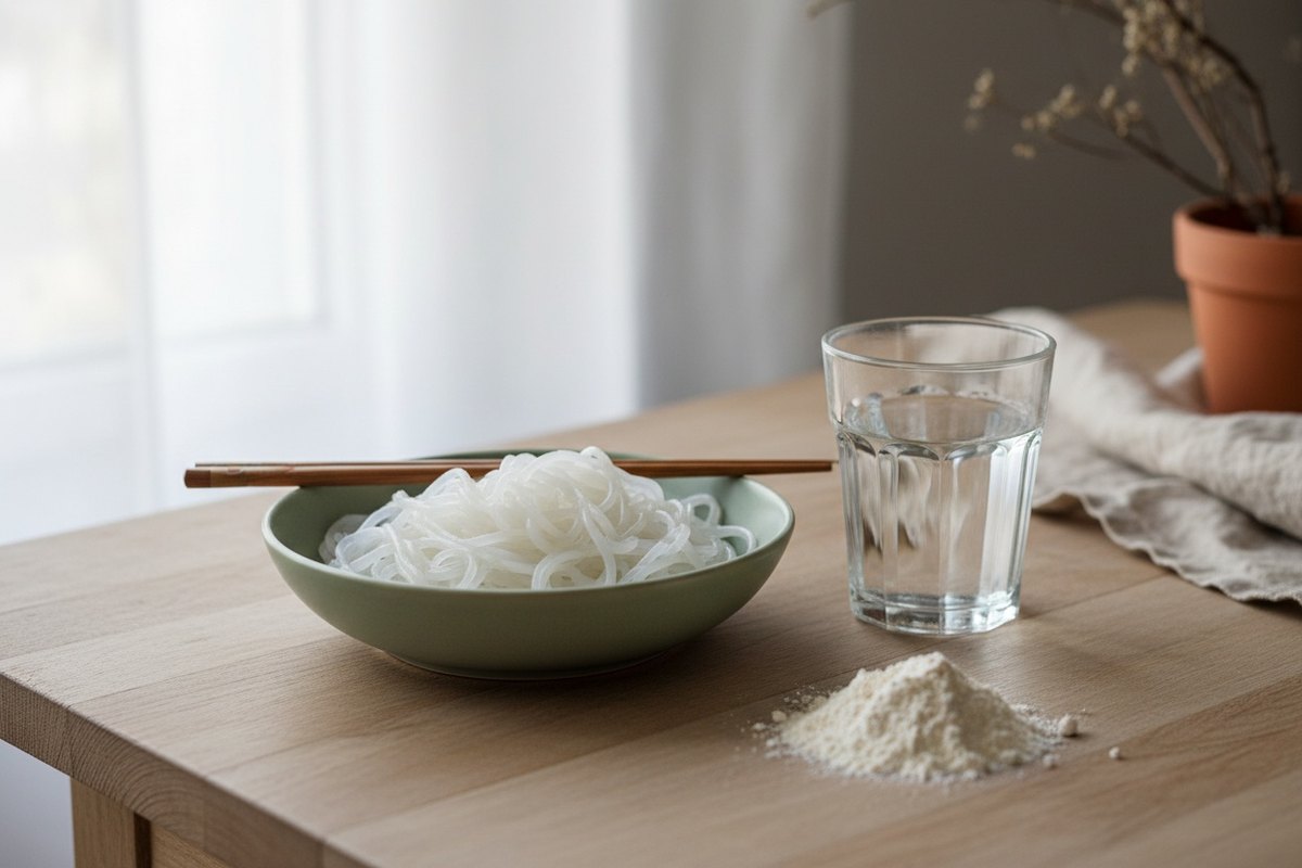 Nouilles de konjac et verre d'eau sur une table