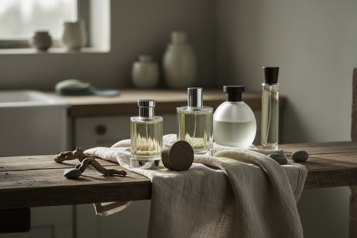 Flacons de parfums homme disposés sur une étagère en bois
