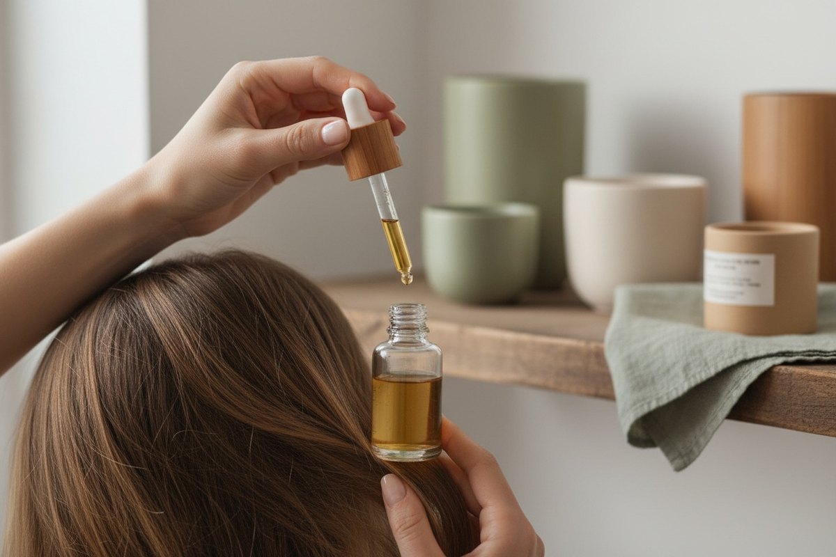 Femme appliquant quelques gouttes de sérum capillaire sur ses longueurs